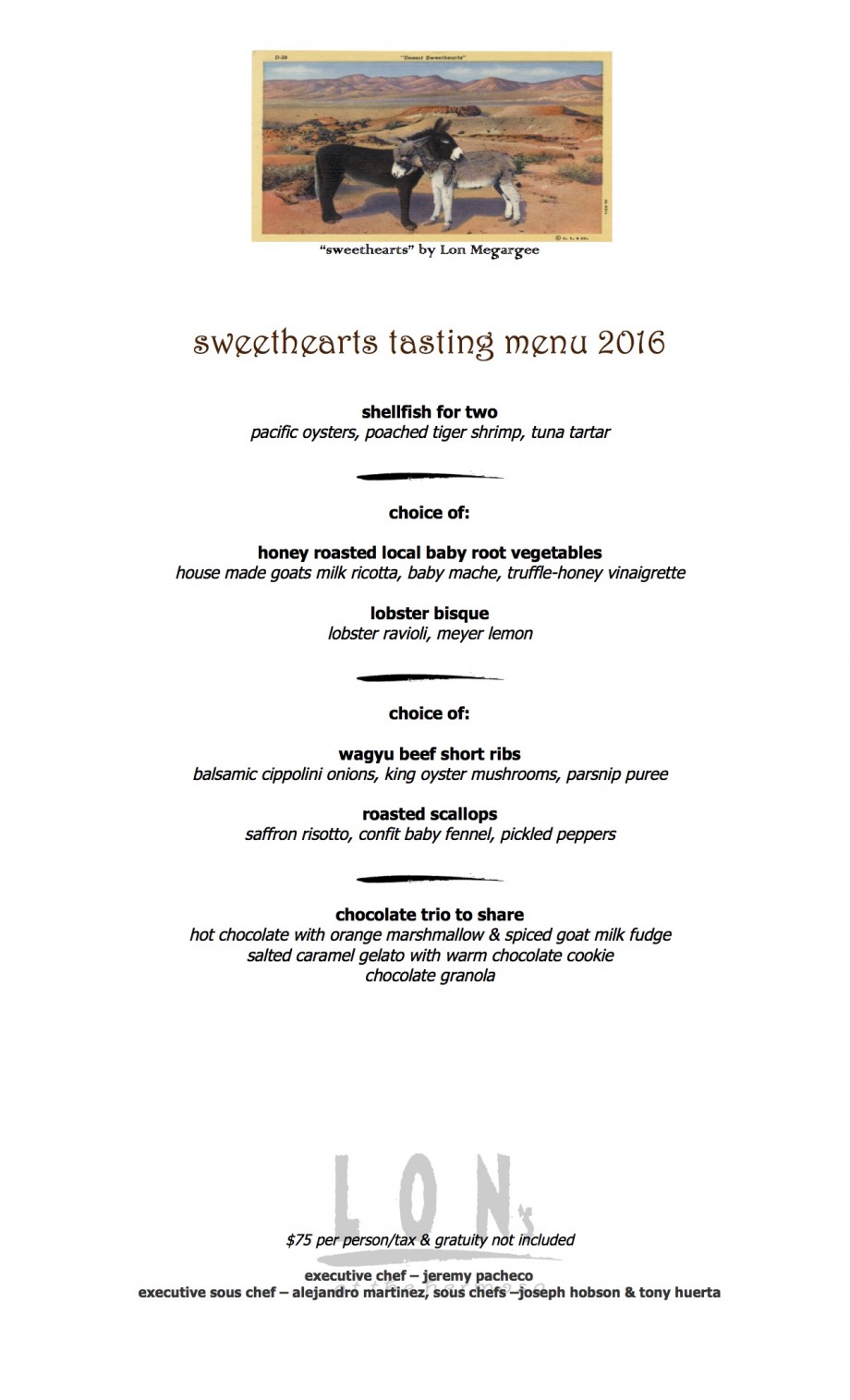 Sweethearts menu 2016